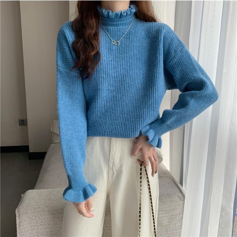 Autumn Winter Ruffles Half High Collar Solid Bottomed Sweater Women Simple All-match Pullover Knitting Top