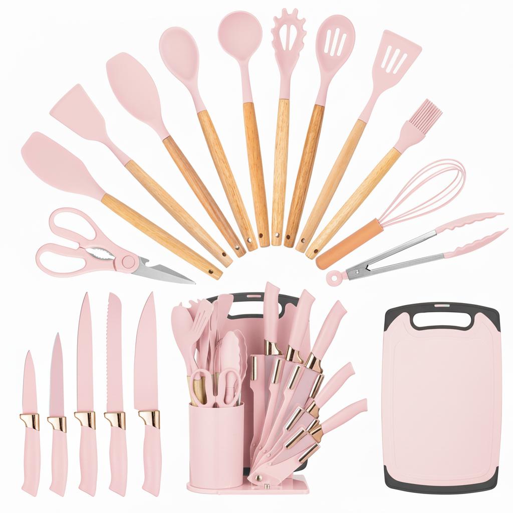 19pcs Premium Silicone Kitchen Utensil & Knife Set - Heat-Resistant, Non-Stick Safe Cooking Tools With Wooden Handles & Chef Knives