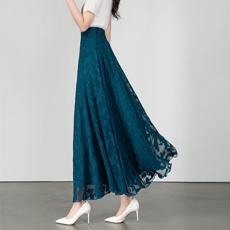 New Summer White Midi Skirt Women's Long Embroidered A-line Swing Skirt High Waist Dance Skirt