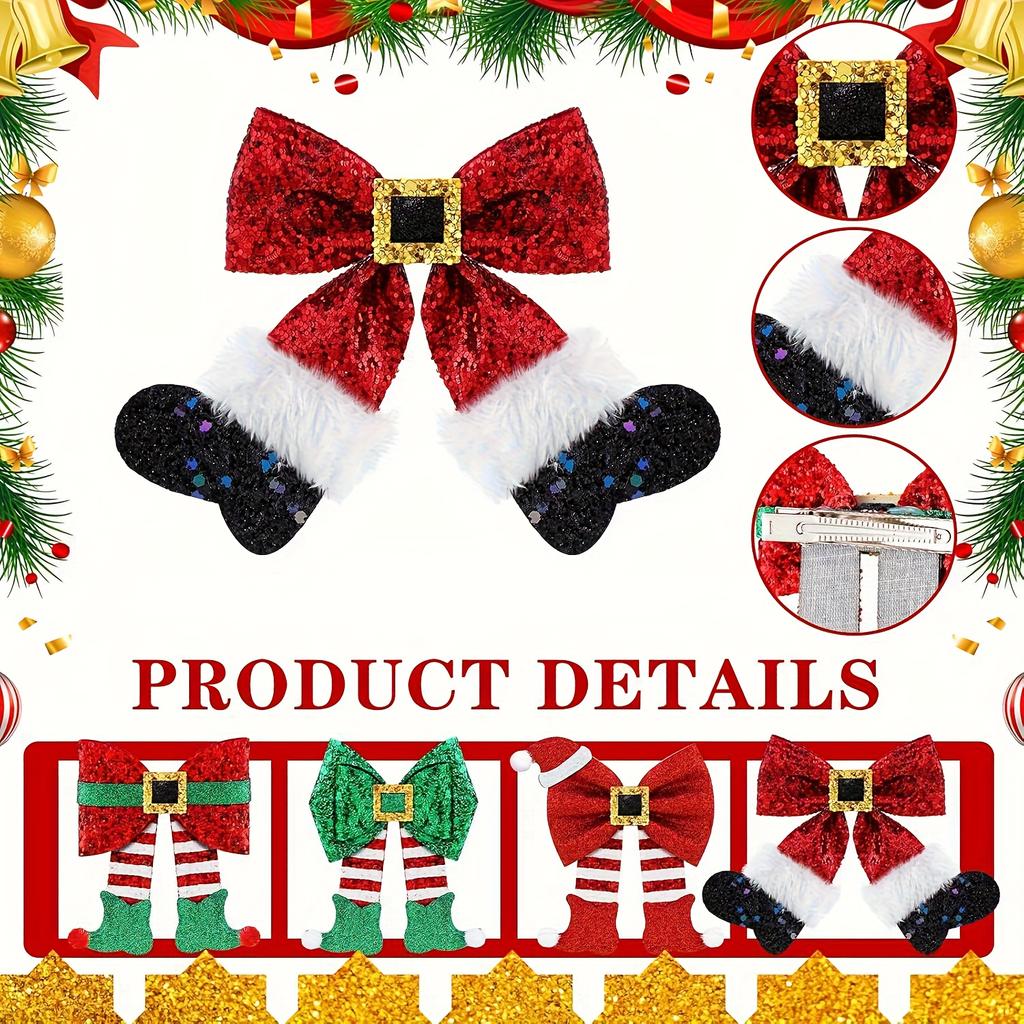 Glitter Xmas Hair Clips: Elegant Bow with Golden Accents. Perfect for Holiday Parties & Festive Celebrations! 