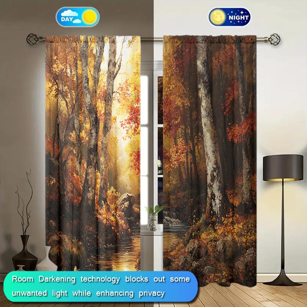 2pcs Birch Forest Oil Painting Printed Curtain for Home Decor - Rod Pocket Window Treatment for Bedroom, Office, Kitchen