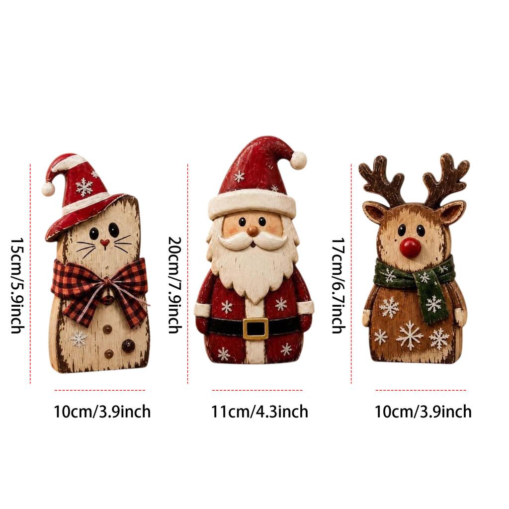 3-Piece Vintage Christmas Wooden Ornament Set Santa Reindeer Cat Festive Tabletop Decor
