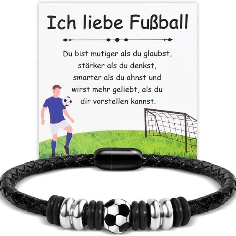Soccer Bracelet for Boys Men Leather Wristband Gifts for Son with Solid Stainless Steel Soccer Ball Charm, Football Jewelry Gift