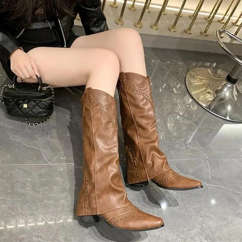 

Ретро Ботинки-брюки с заклепками и высоким голенищем, Французские женские ботинки, Универсальные ковбойские ботинки в западном стиле, Рыцарские ботинки, Ботинки с длинным голенищем 40