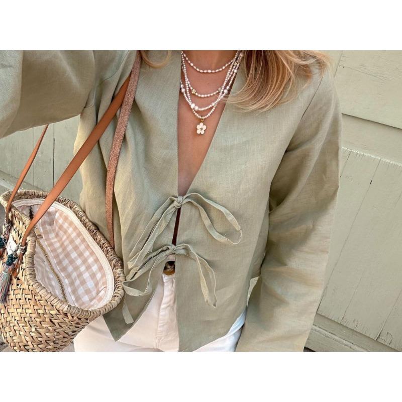 

Зеленый лен, длинные рукава на шнуровке, женская рубашка, повседневный и свободный крой, рубашка с v-образным вырезом, женский топ M