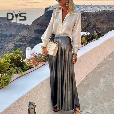 Damen Frühling Herbst Hemd Einreihig Revers Langarm Pendeln Formelles Oberteil Plissee Glänzende Oberfläche Metallic Maxirock Bürokleidung