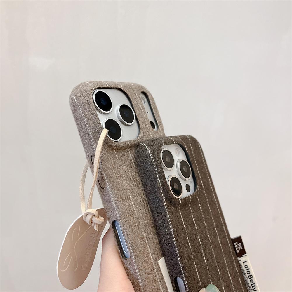 Korea ISN Simple Striped Plush Phone Case for iPhone 17 16 Pro 15 14 Pro Max 13 Cover with Lanyard Fashion Protection Funda Case