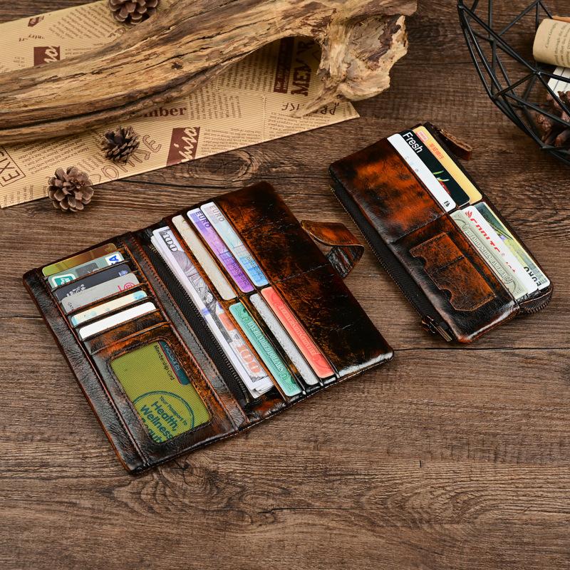 Men's Wallet, Hand Painted and Worn, with A Long Leather Top Layer and A Casual Wallet Made of Genuine Leather with Multiple Card Holders