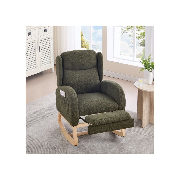 Fauteuil À Bascule, Fauteuil Inclinable, Repose-pieds Réglable, Dossier Haut, Tissu Ours En Peluche, Vert