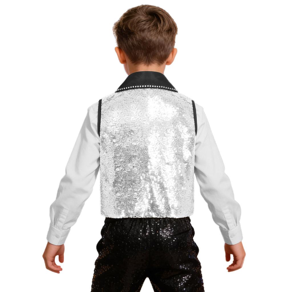Boys Girls Sparkly Sequin Vest Contrast Lapel Collar Sleeveless Asymmetrical Waistcoat for Stage Performance Costume Tops