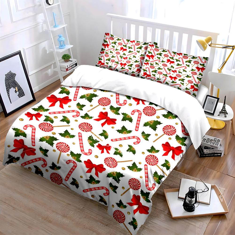 Christmas Candy Cane and Holly Bedding Set Bedding Set (1 Duvet Cover, 2 Pillowcases, Duvet Not Included)
