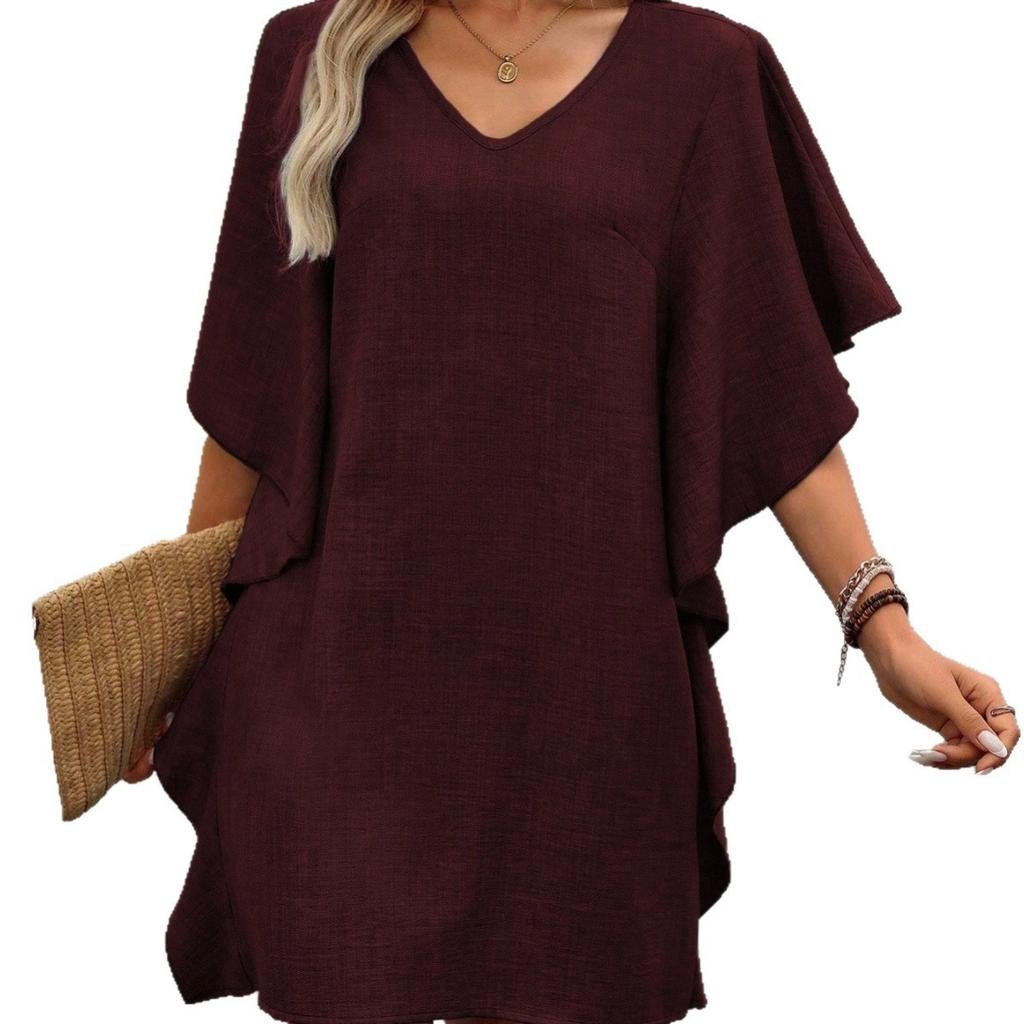 New Solid Color V-neck Ruffle Sleeve Loose Straight Casual Dress for Women, European & American Style Crossbody Dress