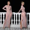 European & American Fashion Women's Solid Color Mesh Long Sleeve Maxi Dress with Hot Drill Details