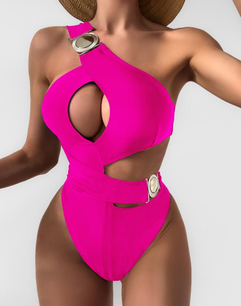 

Сексуальный женский купальник на одно плечо 2024, сплошной черный с открытой пряжкой, цельный купальник, пляжный купальный костюм, монокини с открытой спиной L розовый