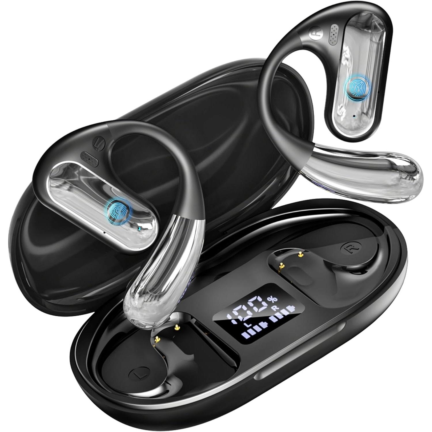 

Open Ear Headphones with Mic, Over Ear Wireless Earbuds Earhook 80H Playtime Bluetooth 5.4 Earphones with LED Display Charging Case IPX7 Android iOS