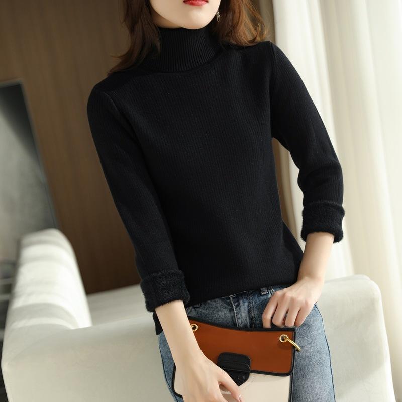 

Новый осенне-зимний однотонный вязаный свитер с высоким воротником из интегрированного флиса для женщин, свободный, с флисовой подкладкой, теплый, универсальный свитер XXL чёрный