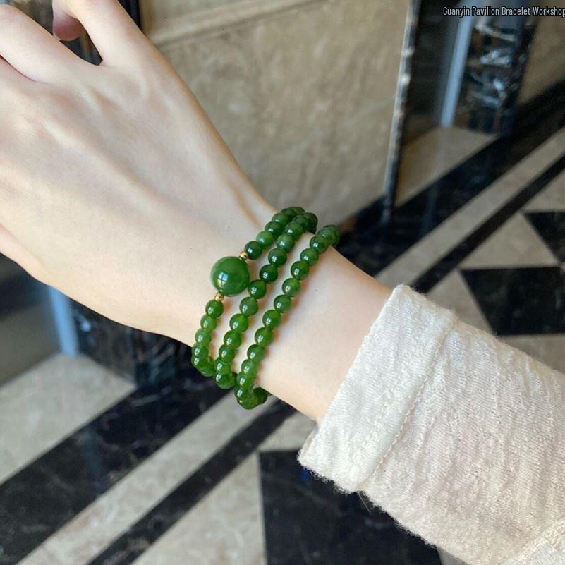 Women's Multi-Turn Natural Green Jade Beaded Bracelet with Round Beads