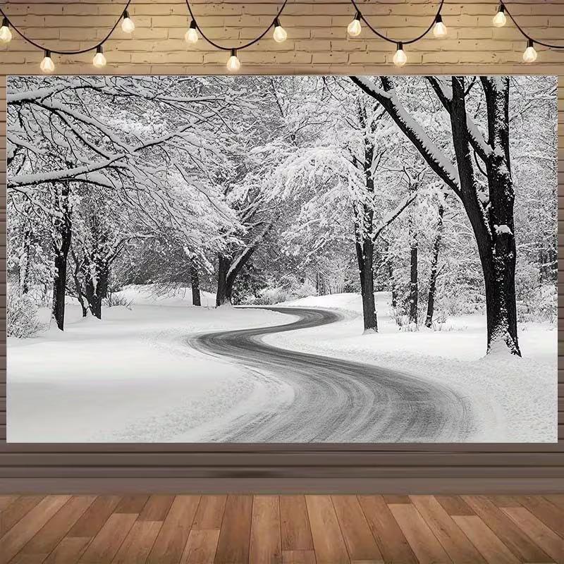 2D Monochrome Snowy Forest Backdrop Curved Road Winter Wonderland Decor 47.2x31.5inch/120*80cm