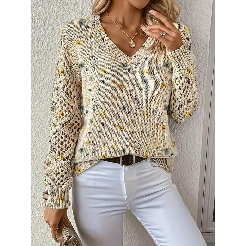 Elegant Autumn and Winter, Bohemian, Western-style Versatile Pullover V-neck Long Sleeved Women's Top, Trendy Women's Knitted Sweater