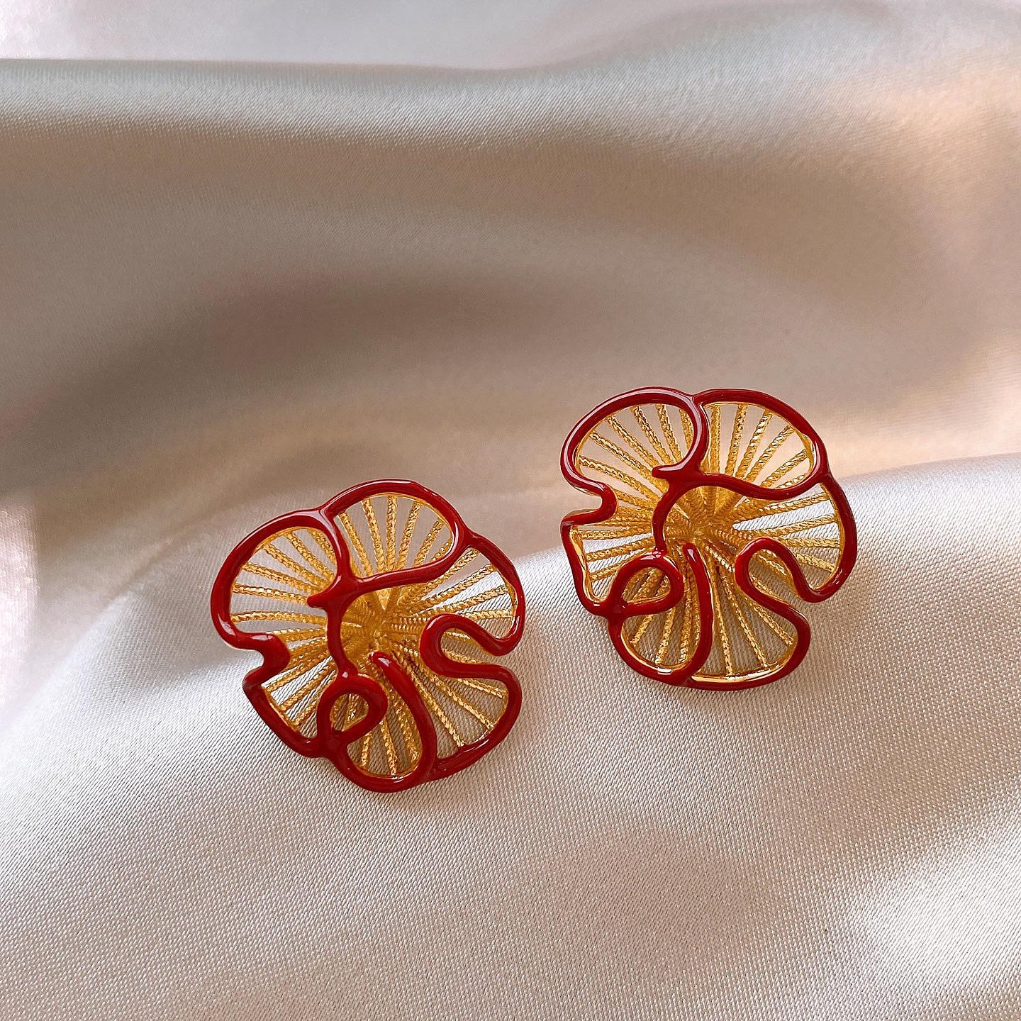 18k real gold electroplated red dripping flower stud earrings cold wind earrings earrings