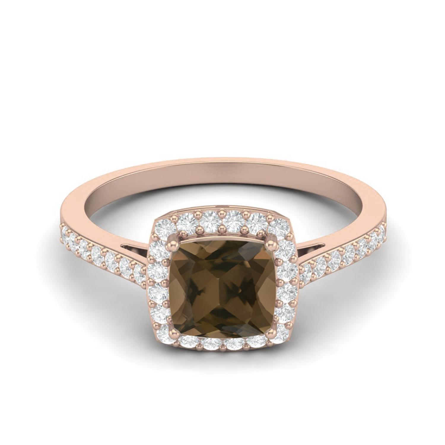 1.05 Ctw Cushion Smoky Quartz 925 Sterling Silver Rose Vermeil Solitaire Halo Women Engagement Ring 5