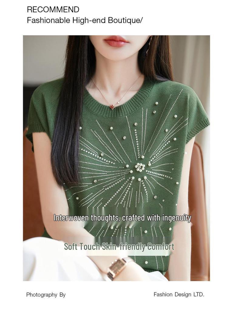 Women's Summer Bamboo Linen Beaded Crew Neck T-Shirt