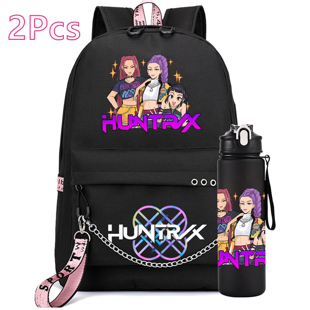 2Pcs/set Anime K-Pop Demon Hunters Printed Backpack with 750Ml Water Bottler for Teenager Girl Boy Large Capacity Waterproof Bookbag Gift