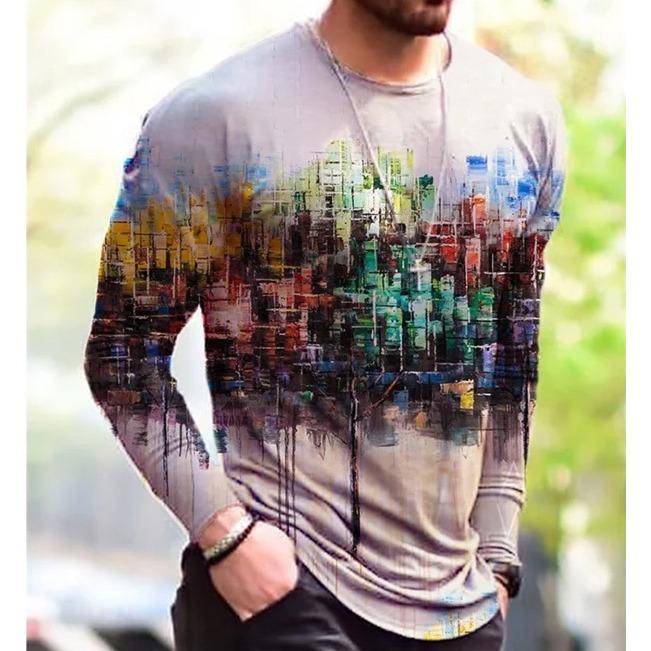 3D Printed Hip Hop Rock T-Shirts for Men Colorful Pattern T-shirts Spring Autumn Casual Long Sleeve Round Neck Loose Tops
