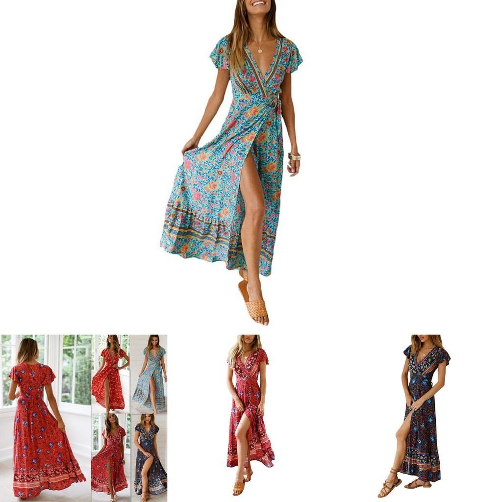 Elegant Women Wrap Summer Boho Floral Short Sleeve Maxi Print Dress For Holidays