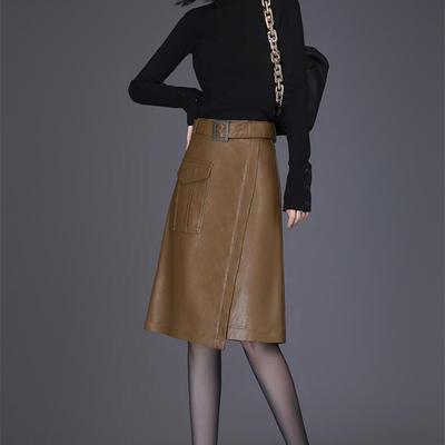 Falda de cuero PU para otoño e invierno, media falda femenina, falda de cintura alta, paquete de longitud media, falda acampanada a la cadera