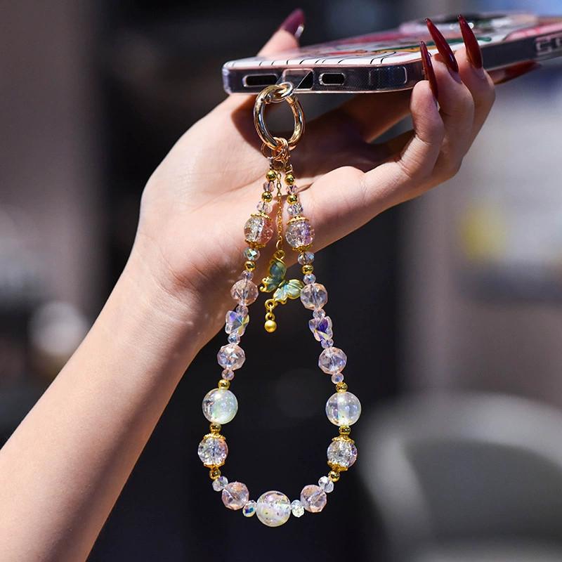 Premium Crystal Bead Mobile Phone Chain Alloy Butterfly Small Fragrant Wind Beaded Gold Foil Pendant Keychain Wrist Chain Versatile