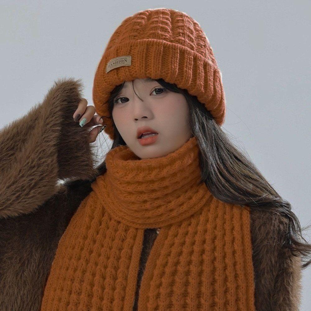2Pcs Korean Style Neck Guard Hat Set Thicken Warm Scarf Trendy Knitted Hat Scarf  Winter Autumn