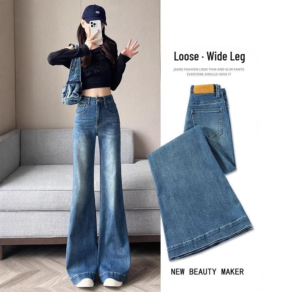 

Dark Blue High-Waisted Wide-Leg Cotton Jeans for Women - Stylish and Slim-Fitting Micro-Flare Pants for Early Autumn XL
