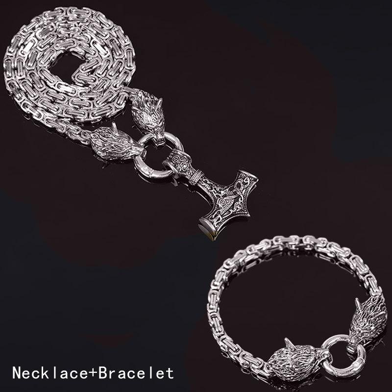 Foreign Trade Retro Nordic Viking Rune Hammer Pendant Wolf Head Necklace Bracelet Jewelry Set Stainless Steel Chain