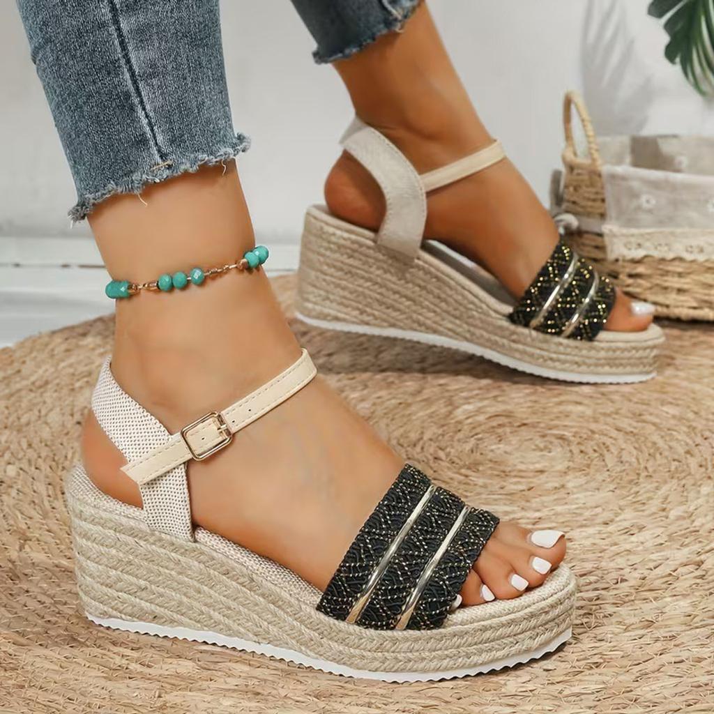 Women'S Wedge Heel Platform Woven Sandals With Strap Open Toe Soft Sole Women Summer Sandals With Heels Women'S Heeled Sandals