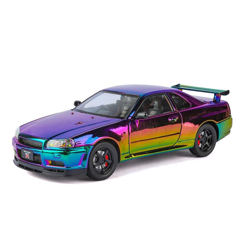 1/24 Nissan Electroplated GT-R GTR R34 Alloy Sports Car Model Diecasts Metal Track Racing Car Vehicles Model Sound Light Kids Toys Gift