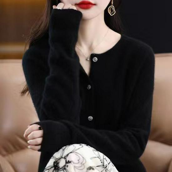 Women's 100% Pure Wool Seamless Round Neck Knit Cardigan for Autumn/Winter