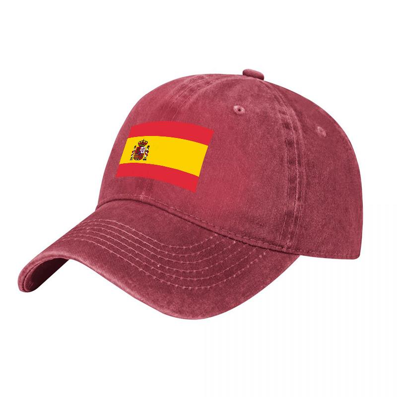 Spain Flag Embroidered Washed Cotton Baseball Cap Classic Adjustable Hat for Unisex and Women Casual Outdoor Wear Style