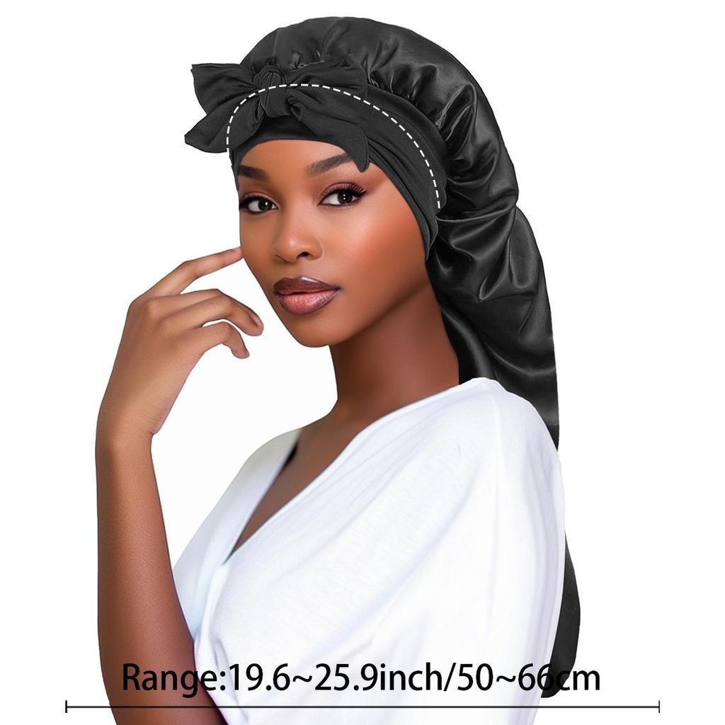 European & American Style Satin Sleep Cap with Bow and Long Tail for Women - High Elasticity, Large Head Circumference, Hair Protection