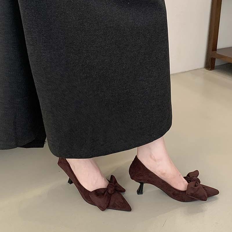 2025 Autumn New Pointed Suede Bow Retro High Heels Women's Fashion Thin Heel Commuter Shoes