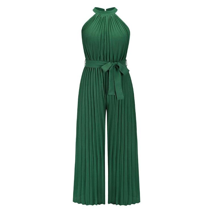 Women Summer Halter Sleeveless Lace Up Slim Wide Jumpsuit Pleated One Piece Trousers