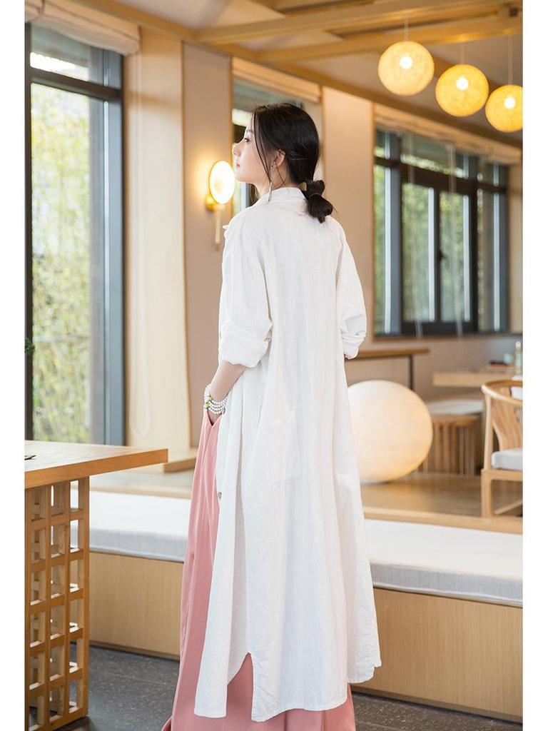 Women's Distressed Ramie Trench Coat: Casual, Slimming, and Elegant Long Cardigan