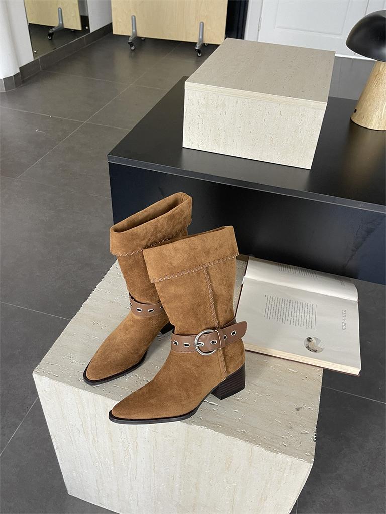 White Deer Same Zhong Chuxi Zhao Ruth Bread Tree Knight Boots Folded Western Pile Boots Long-Term