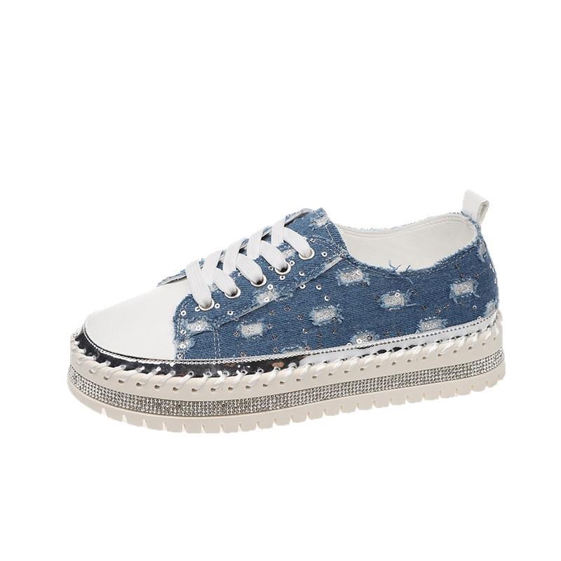 2025 summer new women's platform rhinestone casual style front lace-up explosive canvas shoes