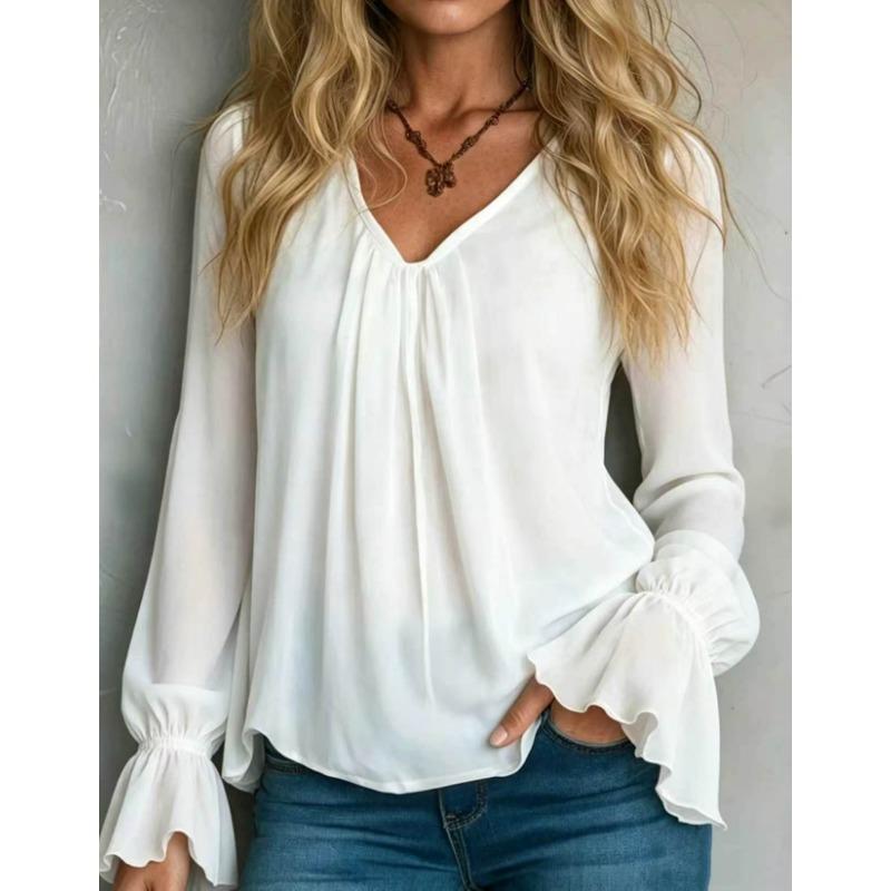 Women S V Neck Loose Fit Solid Color Long Sleeve Shirt