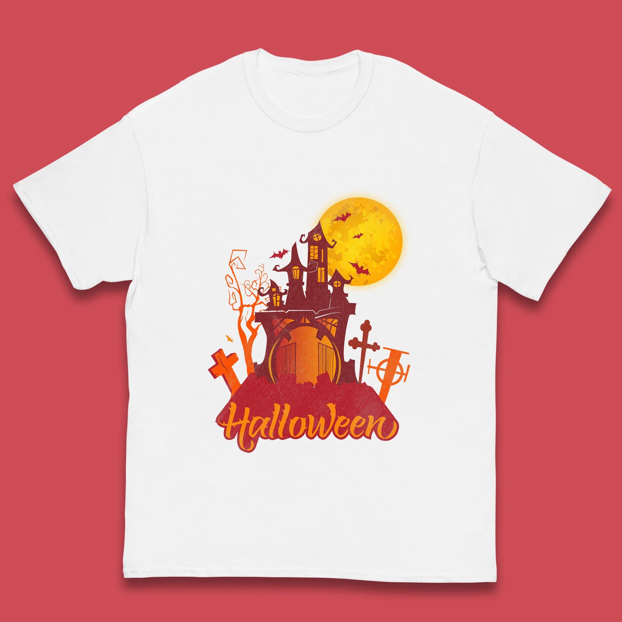 

Halloween Lettering With Full Moon Scary Haunted House Flying Bats Horror Graveyard Kids T Shirt 120