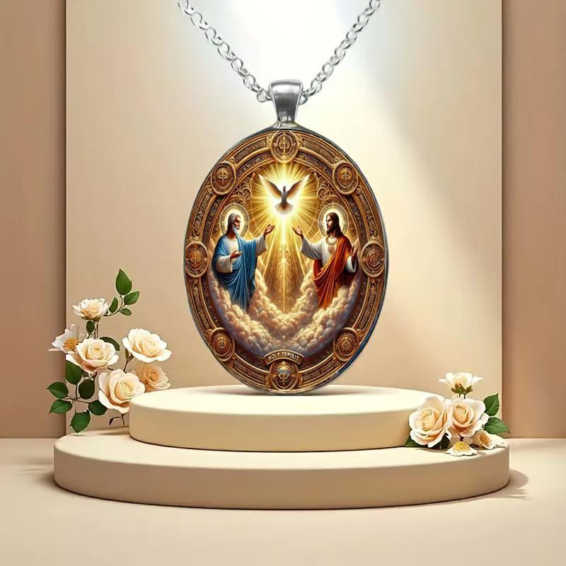 Christian Trinity Religious Pendant Necklace, Faith And Peace Pendant Necklace, Time Gem Glass Pendant, Unisex