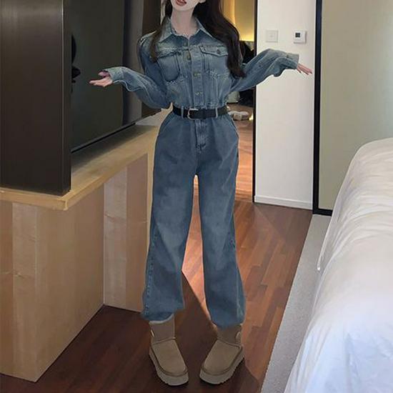 Women's Spring 2026 Hong Kong Retro Denim Jumpsuit - Casual Workwear Style