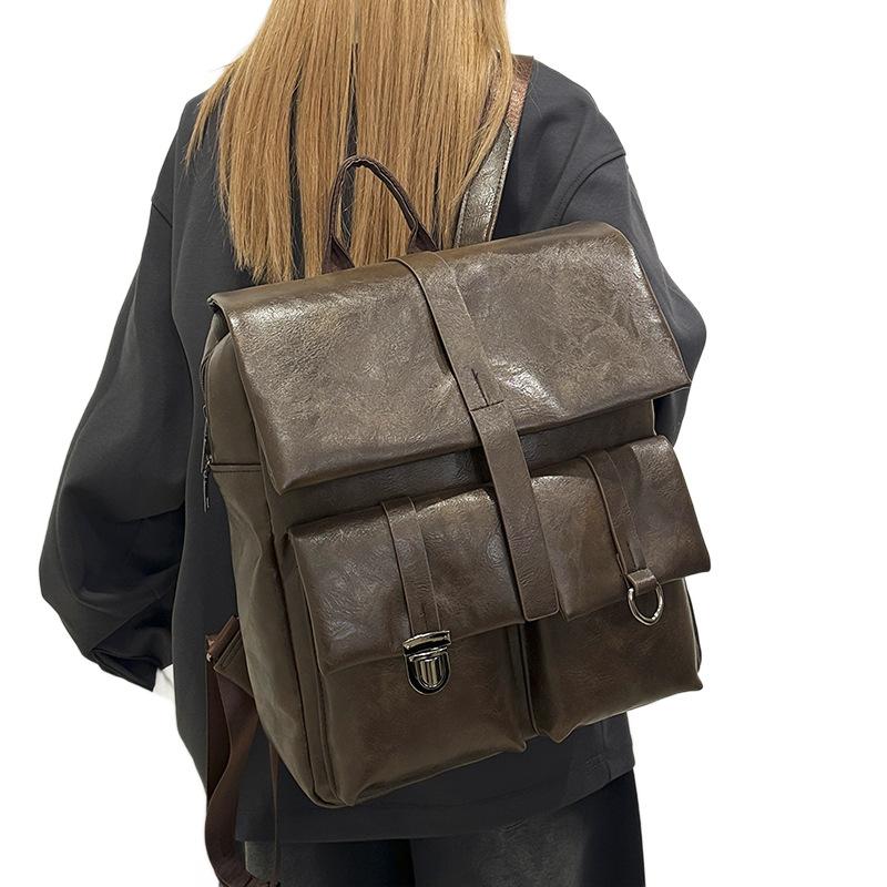 Schoolbag Vintage PU Leather Backpack Men's and Women's Commuter Niche Design Sense Travel Backpack Advanced Sense Student School Bag Computer Bag