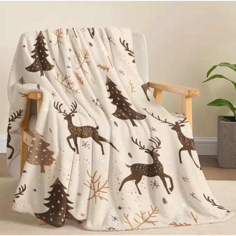 Weihnachtselch und Bäume Flanelldecke - Mit modernem Digitaldruck Elch Kiefer und Schneeflockendesign für Zuhause Reise